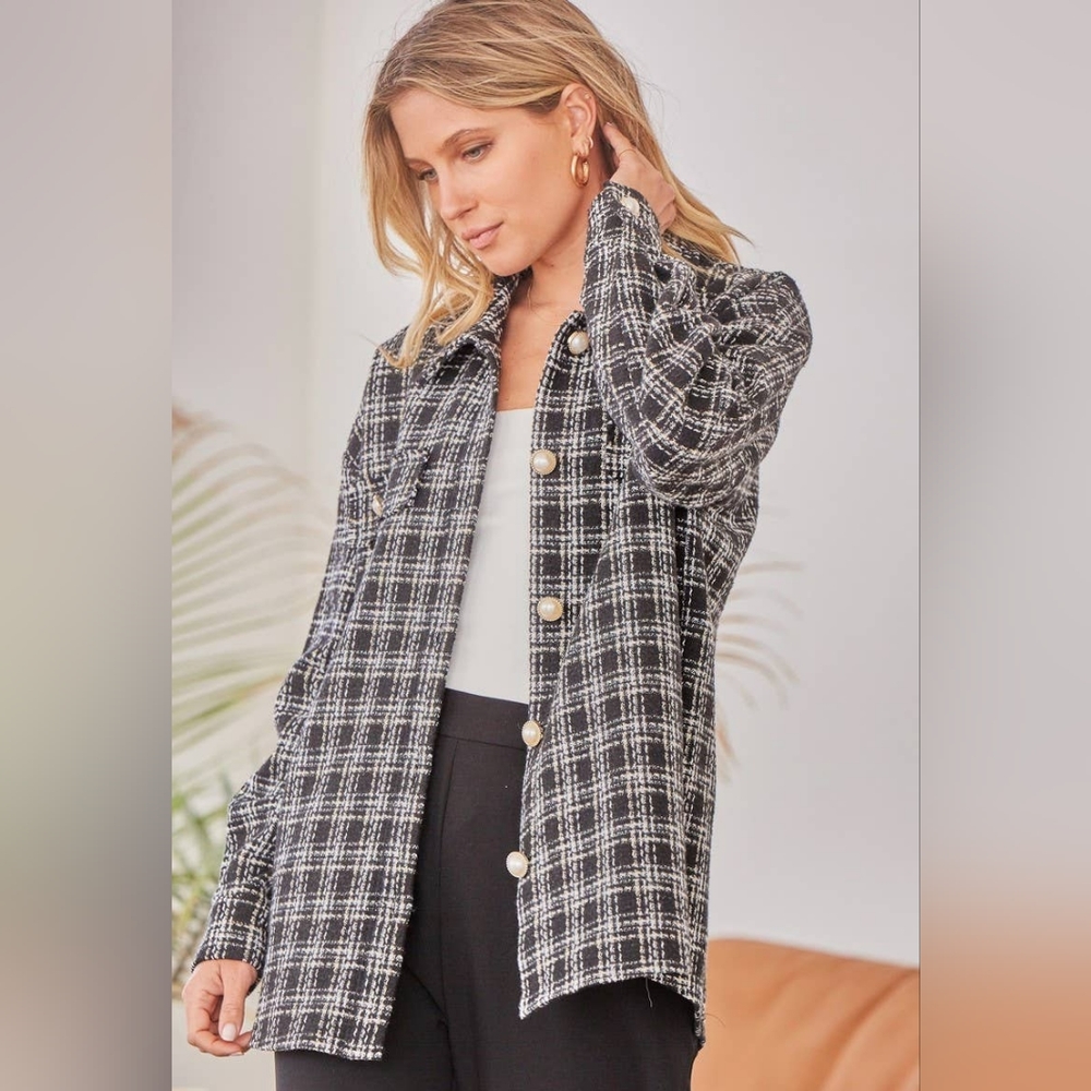 Andre By Unit Tweed Jacket Pearl Button Down Black White Plaid Shacket Sz Large
